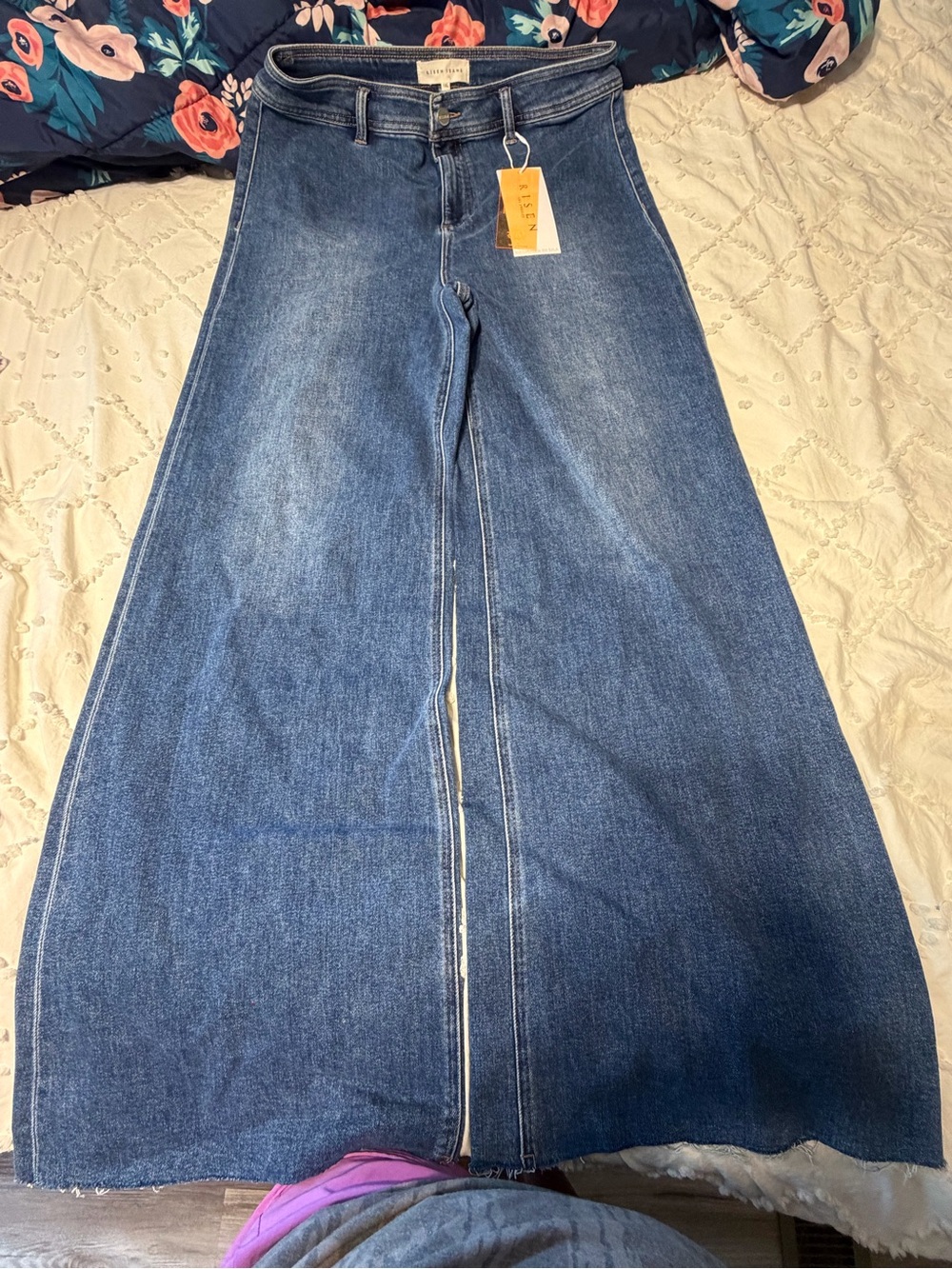 Wide Leg Flare Jeans in Dark Blue Denim